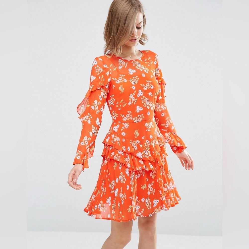ASOS Ruffle Tea Dress in Red Floral Ditsy Print